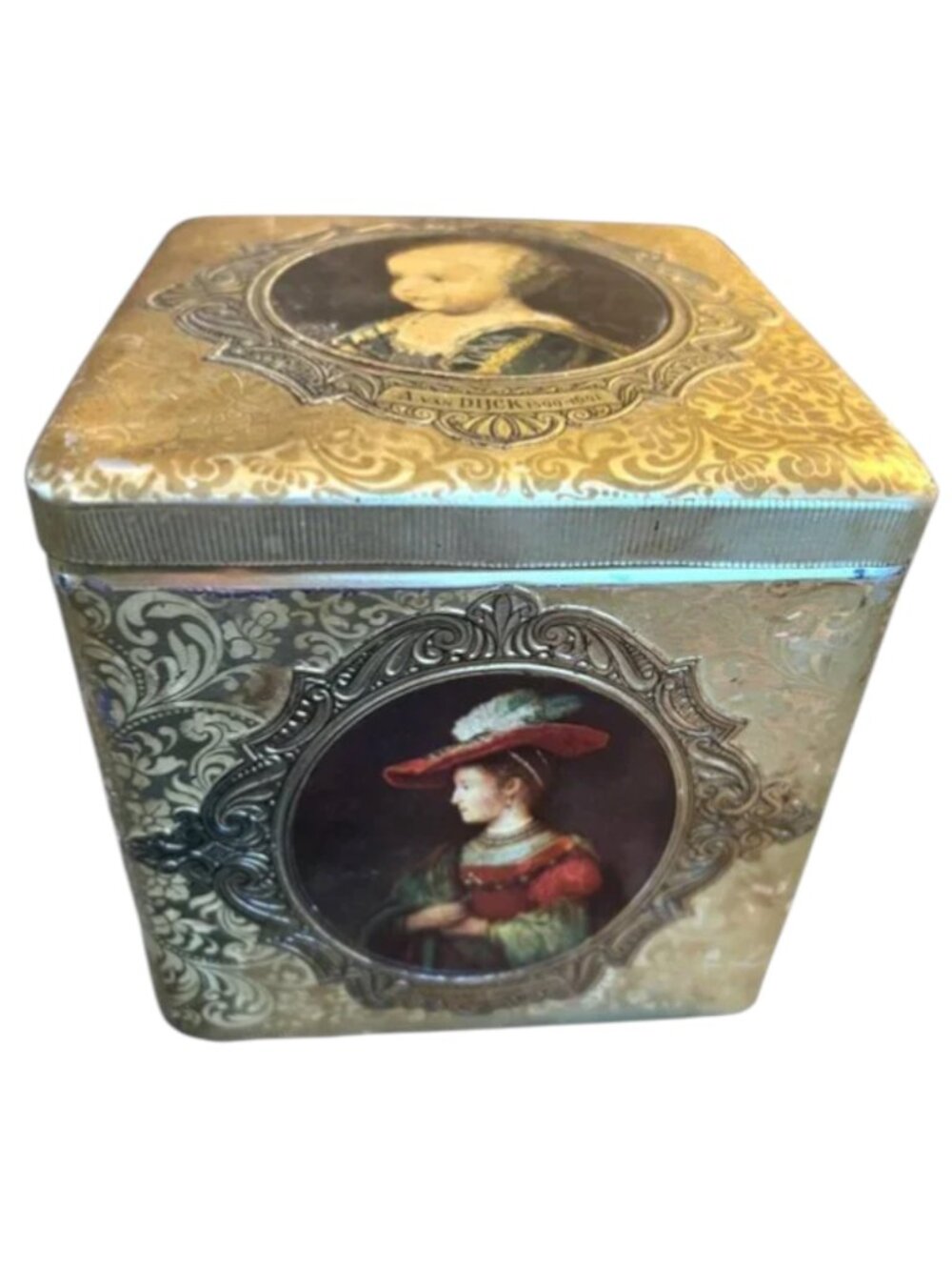Vtg Embossed Holland Tin Box Old Master Art Hinged Gold Silver READ 4.75" Square
